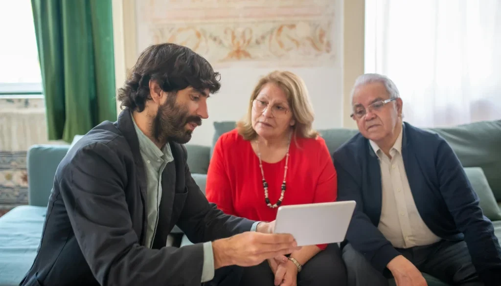 pexels-kampus-8439655-ezgif.com-jpg-to-webp-converter Business owner reviewing different group health insurance plans on a laptop with their team in the background