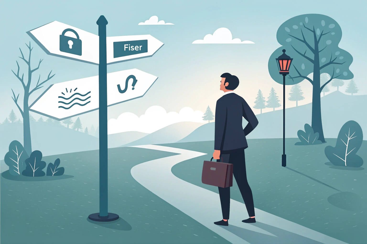 A business owner choosing between different commercial electricity tariffs, shown as signposts for fixed, variable, and green rates.