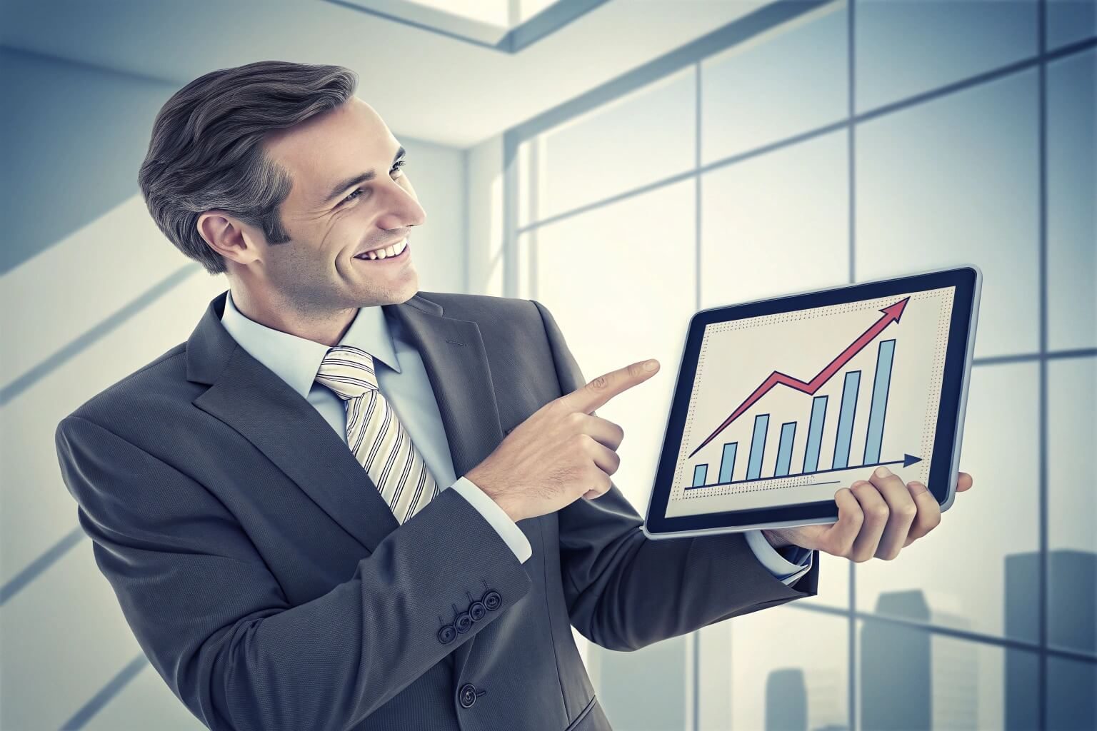 An energy consultant showing a business owner how to reduce business electricity costs with a savings graph on a tablet. business electricity prices