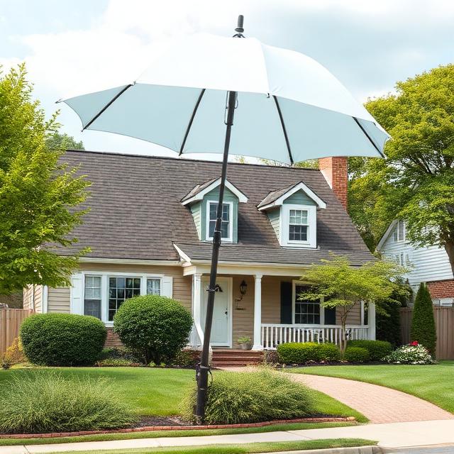 Suburban house protected by an umbrella graphic representing homeowners insurance coverage.