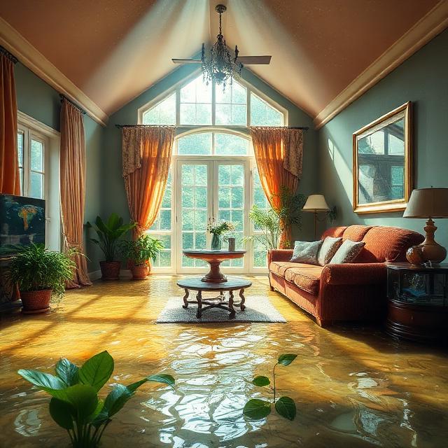 Flooded living room illustrating a major exclusion in standard homeowners insurance policies.