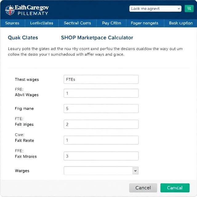 Screenshot of the official HealthCare.gov SHOP Marketplace Calculator interface showing input fields for FTEs and wages.