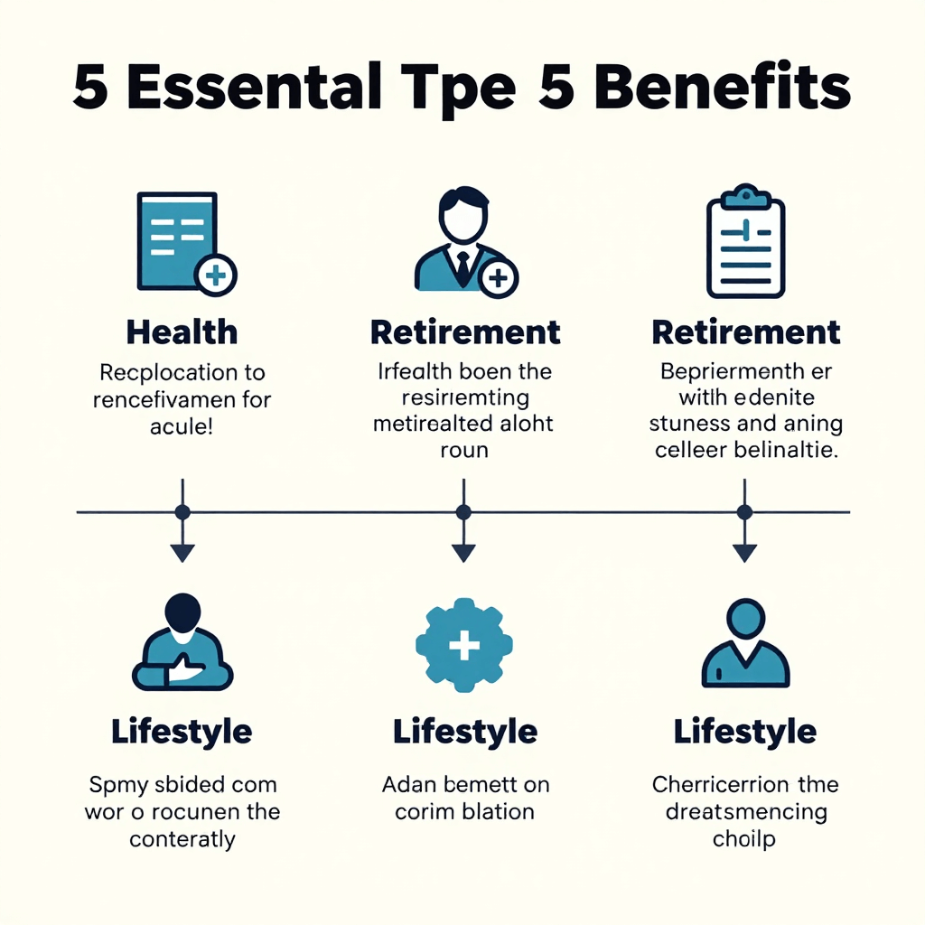 Infographic displaying the 5 essential types of employee benefits including health, retirement, and lifestyle perks.