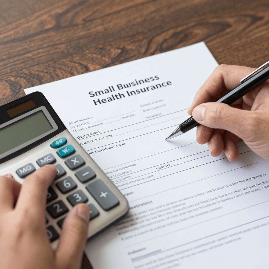 Hand holding a pen over a calculator to estimate the average monthly cost of a small business health insurance quote.