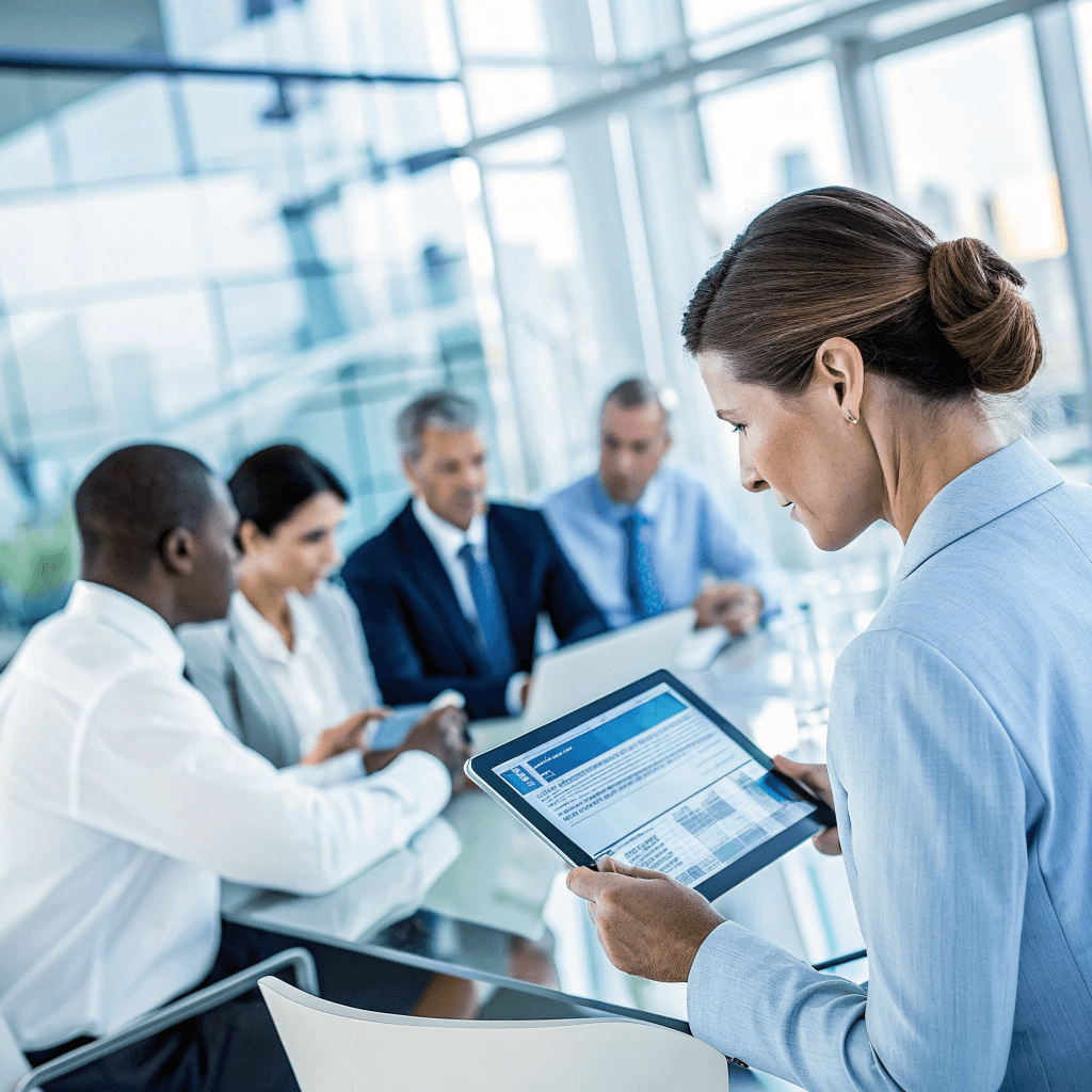 Business owner and HR director reviewing a strategic group health insurance plan blueprint for employee retention.