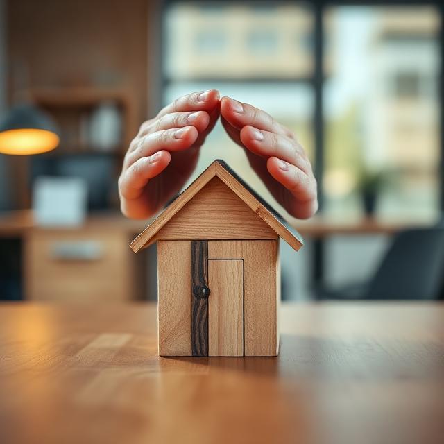Hands sheltering a model building representing small business general liability insurance protection and coverage options.