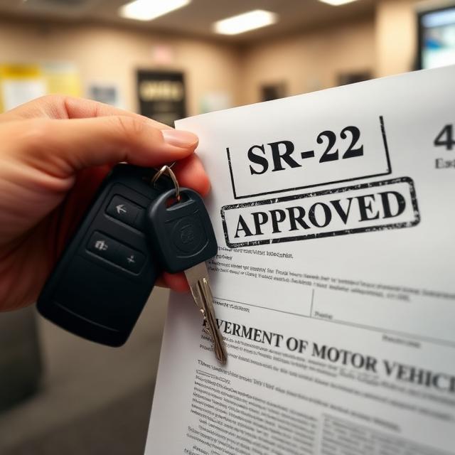 Driver holding car keys and an approved SR-22 insurance form for license reinstatement after suspension.