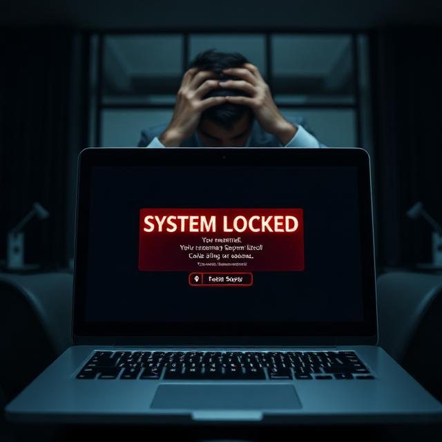 Business owner reacting to ransomware attack, illustrating the need for cyber extortion insurance coverage.