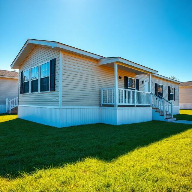 Modern double-wide manufactured home with porch, illustrating the need for mobile home insurance coverage against wind and fire.