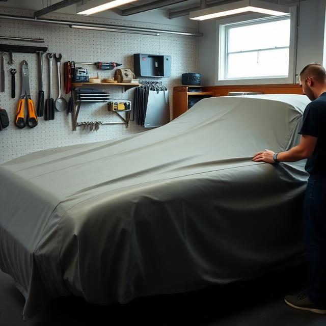 Collector storing a vintage vehicle in a garage, adhering to antique auto insurance storage requirements.