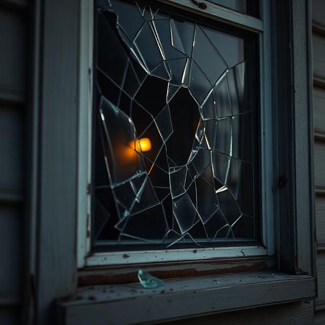 Broken window on an empty property, representing vandalism coverage included in vacant home insurance.