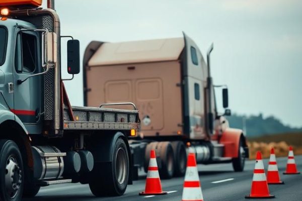 Heavy-duty tow truck assisting a semi-rig, representing physical damage insurance claims.