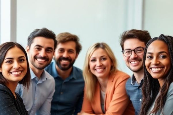 Diverse team of smiling employees in a meeting, representing high employee retention and engagement.