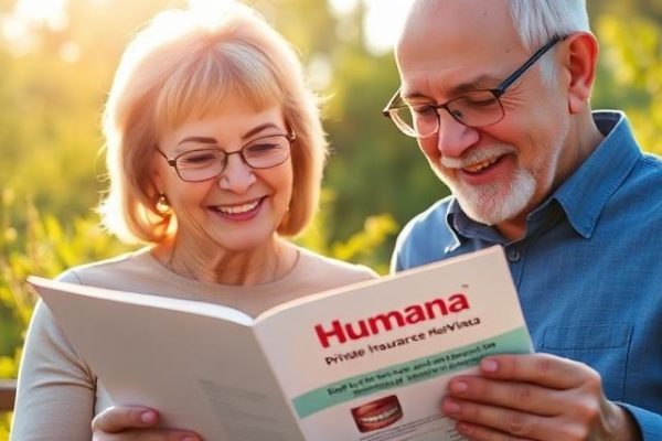Senior couple reviewing a Humana private insurance brochure for dental and vision coverage.