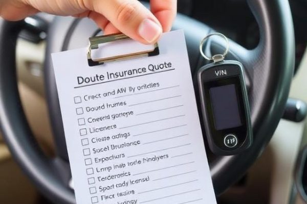 Driver holding a car key and a checklist of documents needed for an auto insurance quote, including VIN and license.