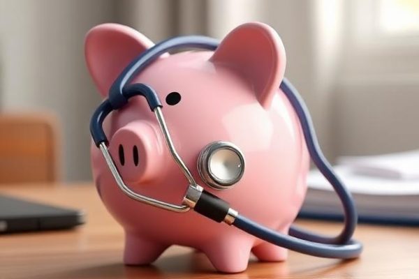 Stethoscope and piggy bank representing affordable short term health insurance premiums compared to ACA plans.