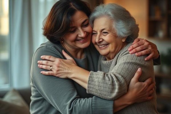 Adult daughter discussing burial insurance for parents to cover end-of-life expenses and cremation services.