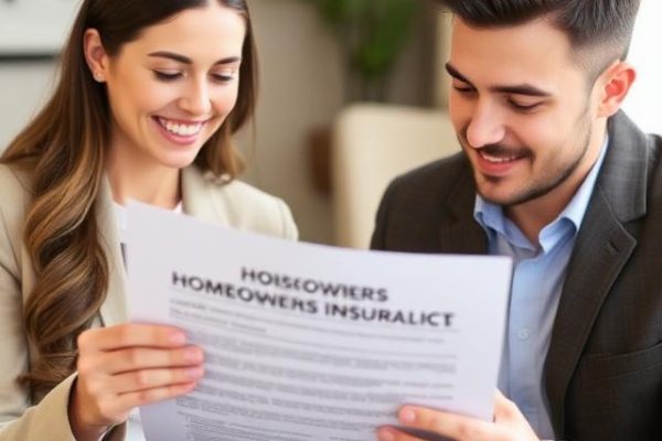 Couple reviewing a homeowners insurance policy document with a mortgage lender.