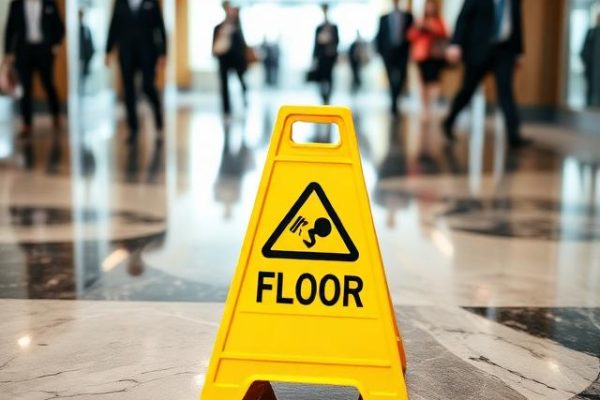 Caution wet floor sign in an office lobby representing third-party bodily injury claims covered by commercial general liability policies.