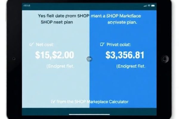 A side-by-side comparison on a tablet showing the net cost of a SHOP plan after applying the credit from the SHOP Marketplace Calculator versus a private plan.
