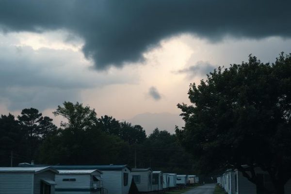 Manufactured home community under storm clouds, highlighting the importance of wind and hail insurance coverage.