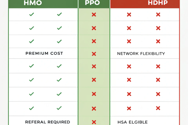 Comparison matrix of HMO vs PPO vs HDHP health plans detailing premiums, deductibles, and network flexibility.