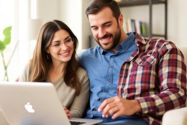 A couple sitting at a laptop reviewing their bundled insurance savings for home and auto.