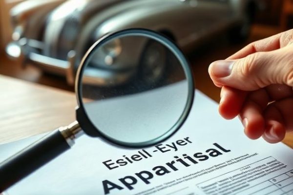 Professional appraising a classic vehicle to establish agreed value for insurance policy limits.