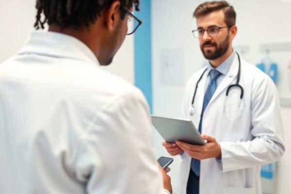 Patient consulting with a doctor, utilizing temporary medical insurance network benefits.