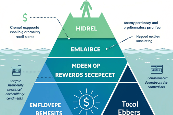 Iceberg compensation model, total rewards strategy infographic, hidden benefits of employment illustration.