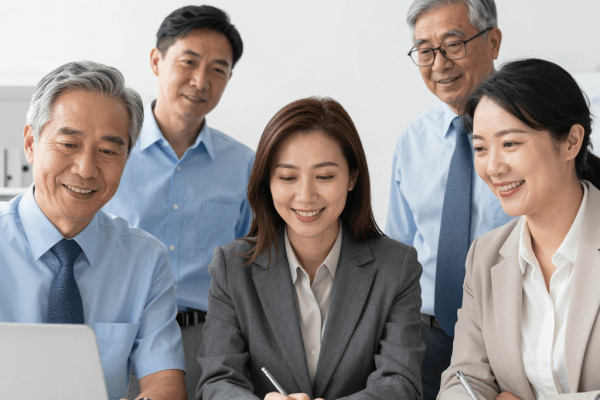 A group of office employees reviewing a document containing their new small business health insurance quote options.