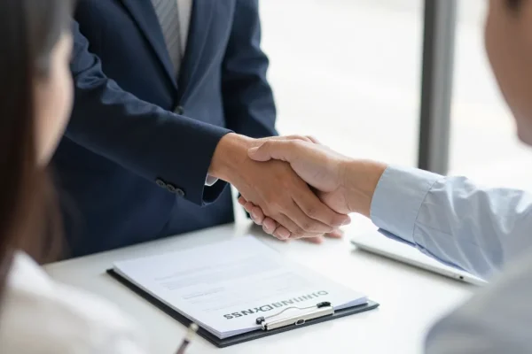 A hiring manager shaking hands with a successful candidate after negotiating a competitive salary and employee benefits package.