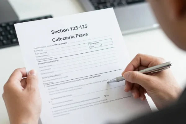 Office worker reviewing a Section 125 Cafeteria Plan document to select pre-tax benefits.